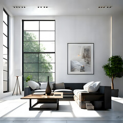 Interior with high ceilings, large windows and a sofa created by generative AI