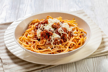 spaghetti al ragu alla Bolognese in white bowl