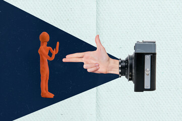 Creative collage image of photo camera objective arm fingers show gun gesture mini plasticine...
