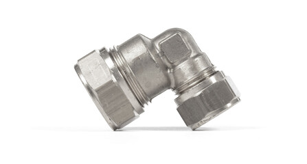 Steel fitting for plumbing pipes, connector for two different sizes, 90 degree angle