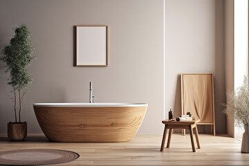 Interior of a bathroom made of wood and beige with a white tub, a tiny chair upholstered in cream, a towel, and a big vertical poster on the wall. an angle. a mockup. Generative AI
