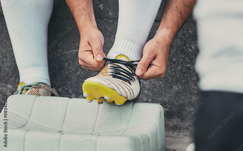 Sticker Rugby, tie shoes or sports man ready to start playing a training game for cardio exercise or workout. Zoom, fitness or hands of athlete player with footwear or boots in outdoor stadium in France