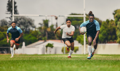 Rugby, running or sports men in game playing a training game for cardio exercise or workout outdoors. Fitness speed, black man or fast African athlete player with ball exercising on field in stadium