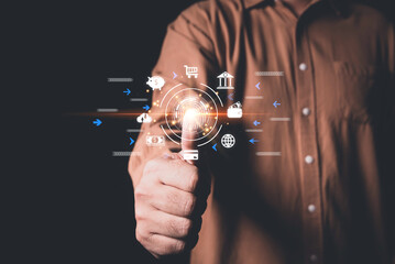 futuristic digital processing of biometric identification fingerprint scanner for access personal financial data. surveillance and security scanning of digital programs cyber futuristic applications