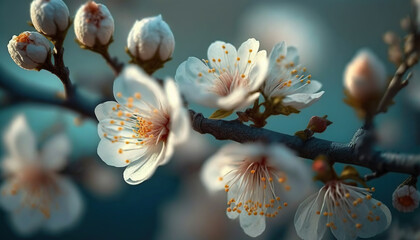 Obraz na płótnie Canvas Beautiful floral spring abstract background of nature. Branches of blossoming apricot macro with soft focus on gentle light blue sky background. ai generative
