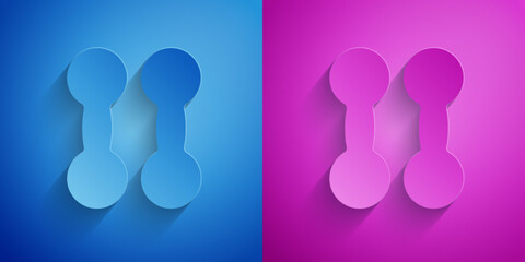 Paper cut Dumbbell icon isolated on blue and purple background. Muscle lifting icon, fitness barbell, gym, sports equipment, exercise bumbbell. Paper art style. Vector