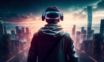 Man wearing a virtual reality headset and standing and looking into futuristic city. Cyberspace metaverse city background with glowing lights. Generative AI.