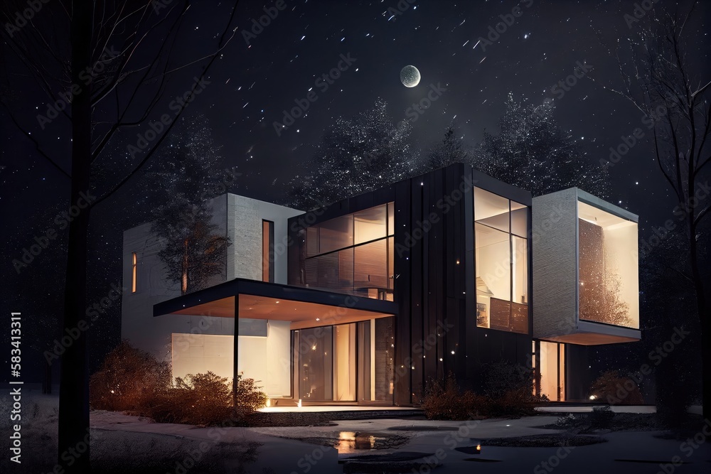 Sticker beautiful modern house with warm exterior lights, set against the night sky, created with generative ai