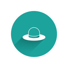 White Man hat with ribbon icon isolated with long shadow background. Green circle button. Vector