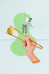 Vertical collage portrait of arm hold chopsticks money coin mini black white gamma guy stand...