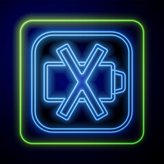 Glowing neon Battery charge level indicator icon isolated on blue background. Vector
