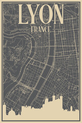 Grey hand-drawn framed poster of the downtown LYON, FRANCE with highlighted vintage city skyline and lettering