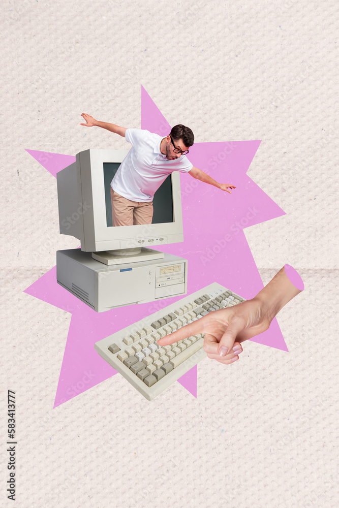 Aufkleber vertical collage image of crazy mini guy inside pc display big arm finger touch press keyboard butto