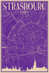 Purple hand-drawn framed poster of the downtown STRASBOURG, FRANCE with highlighted vintage city skyline and lettering