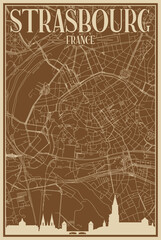 Brown hand-drawn framed poster of the downtown STRASBOURG, FRANCE with highlighted vintage city skyline and lettering