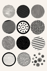 Circle shape elements in trendy style. Vector design elements. Abstract dots, lines, curves shapes illustration set. Modern grungy style poster. Vector illustration.
