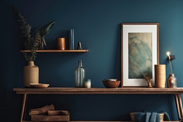 Photograph of a dark blue wall and a shelf with decorative objects and empty frames. Generative AI