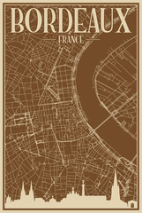 Brown hand-drawn framed poster of the downtown BORDEAUX, FRANCE with highlighted vintage city skyline and lettering