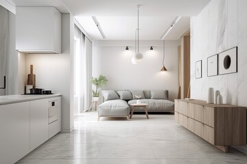 Fototapeta na wymiar Interior design concept of a contemporary white living room for a boutique hotel or apartment display. Generative AI