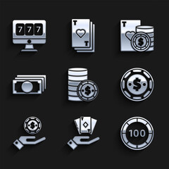 Set Casino chip with dollar, Hand holding deck of playing cards, chips, casino, Stacks paper money cash, and Online slot machine lucky sevens jackpot icon. Vector