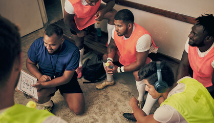Locker room, strategy and rugby team with coach in discussion or game plan with motivation for...