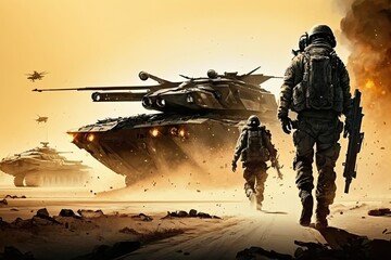 Army soldiers fighting with guns and defending their country. Fighter tank. 2d game art