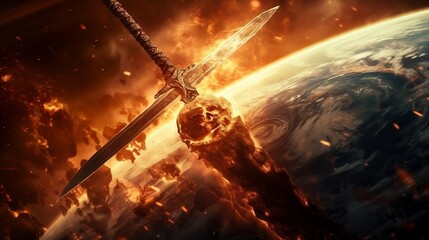 Fire sword falling on planet Earth (Ai generative art)
