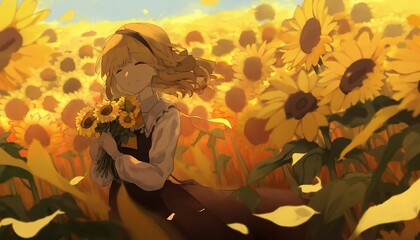 Anime girl surrounded with sunflowers (Ai generative art)