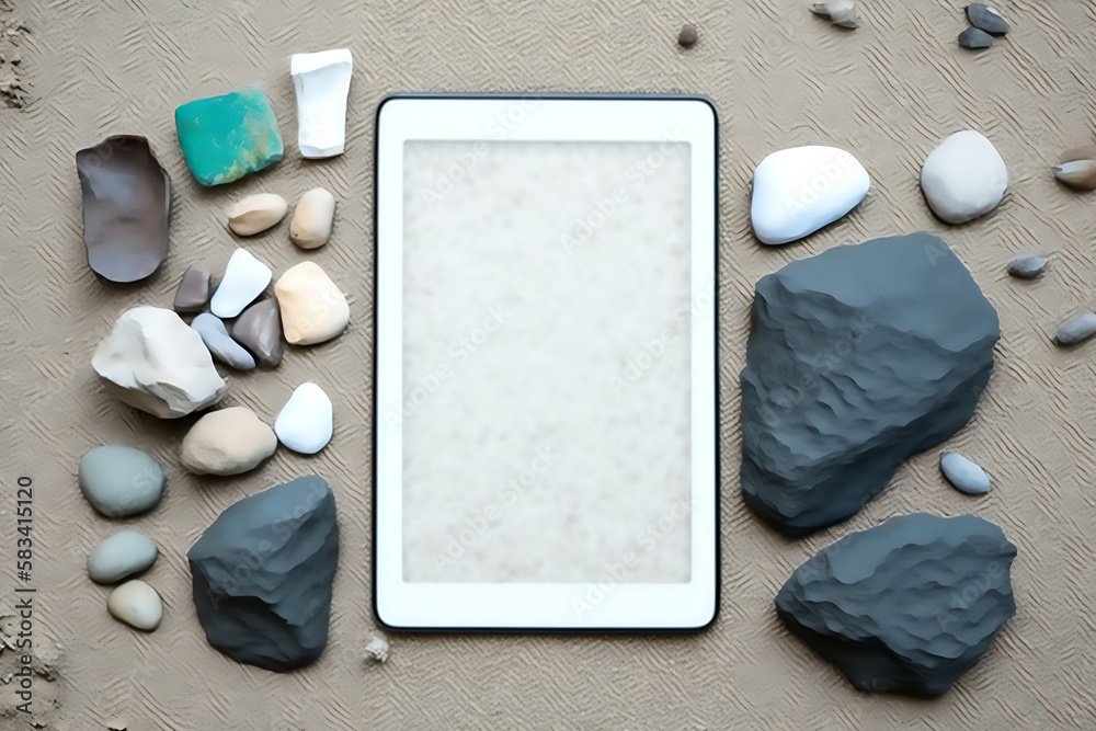 Wall mural tablet mockup on sand and rocks, generative ai