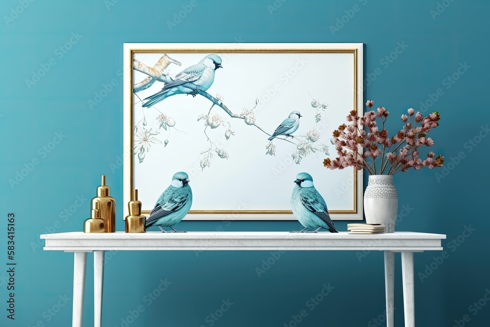 Sticker on a blue background, there are two white ceramic birds, a picture frame, and green trees. the text 