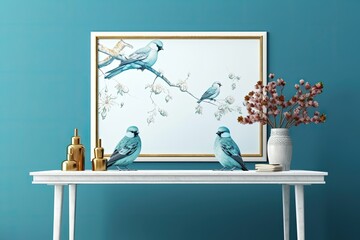 On a blue background, there are two white ceramic birds, a picture frame, and green trees. The text area. Lay flat. Generative AI