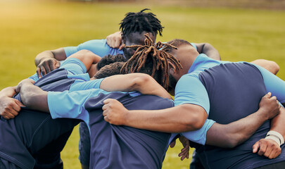 Diversity, team and men huddle in sports for support, motivation or goals outdoors. Man sport group and rugby scrum together for fitness, teamwork or success in collaboration before match or game