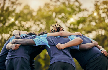 Team, men and huddle in sports for support, motivation or goals for coordination outdoors. Sport...