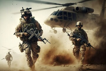 Army soldiers fighting with guns and defending their country, Fighter helicopters behind the scene
