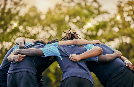 Team, men and huddle in sports for support, motivation or goals for coordination outdoors. Sport group and rugby scrum together for fitness, teamwork or success in collaboration before match or game