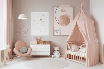 adorable nursery Baby mockup poster, toy house and stroller. Children's room interior. Interior of a girl's bedroom with a white wall, a bed that looks like a house, a cupboard, and toys. youngsters - obrazy, fototapety, plakaty