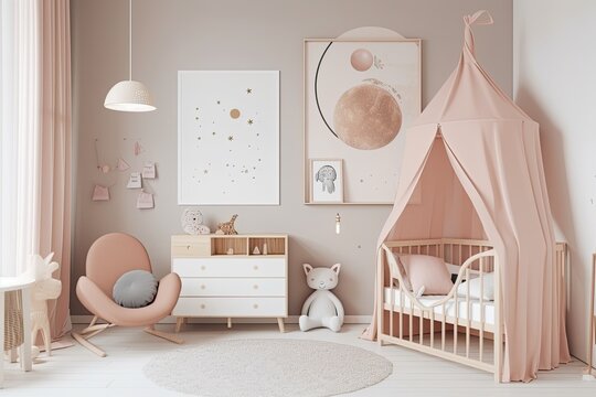 adorable nursery Baby mockup poster, toy house and stroller. Children's room interior. Interior of a girl's bedroom with a white wall, a bed that looks like a house, a cupboard, and toys. youngsters