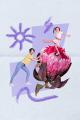 Creative postcard collage mother day holiday family little schoolgirl daughter dancing celebrate push fresh flower isolated on blue background