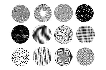 Circle shape elements in trendy style. Vector design elements. Abstract dots, lines, curves shapes illustration set. Modern grungy style poster. Vector illustration.