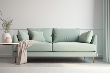 Mockup of a sofa in mint. On a white background, a realistic drawing of a mint colored sofa mockup is displayed. Generative AI