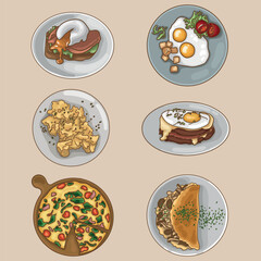 A collection of types of egg breakfasts