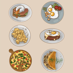 A collection of types of egg breakfasts