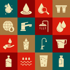Set Bottle of water, Jug glass with, Water drop, Drop and magnifying, tap, Earth planet, and Shower icon. Vector