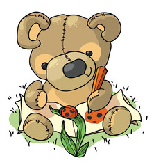 Toy bear artist drawing ladybug with pencil 