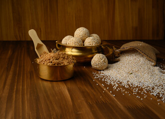 Amaranth ladoo or Rajgira laddu or Cholai ke laddo in brass bowl with jaggery
rajgeera 