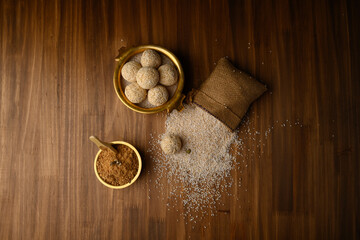 Amaranth ladoo or Rajgira laddu or Cholai ke laddo in brass bowl with jaggery
rajgeera 