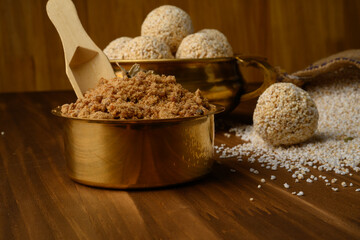 Amaranth ladoo or Rajgira laddu or Cholai ke laddo in brass bowl with jaggery
rajgeera 