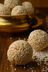 Amaranth ladoo or Rajgira laddu or Cholai ke laddo in brass bowl with jaggery
rajgeera 