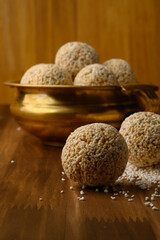 Amaranth ladoo or Rajgira laddu or Cholai ke laddo in brass bowl with jaggery
rajgeera 