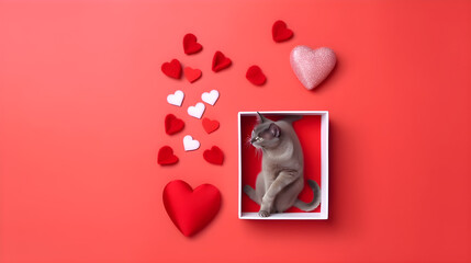 AI Generated, Valentine day background for samoyed, cat, shiba, corgi lover with gift box and various red hearts. flat lay style greeting composition.